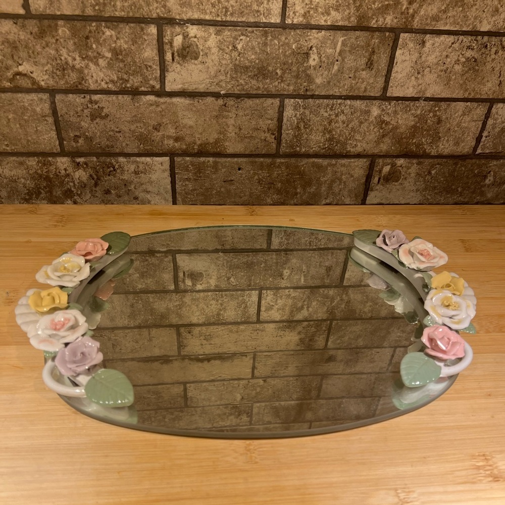 Vintage Oval Capodimonte Mirror Vanity Tray With Hand Formed Roses and Leaves